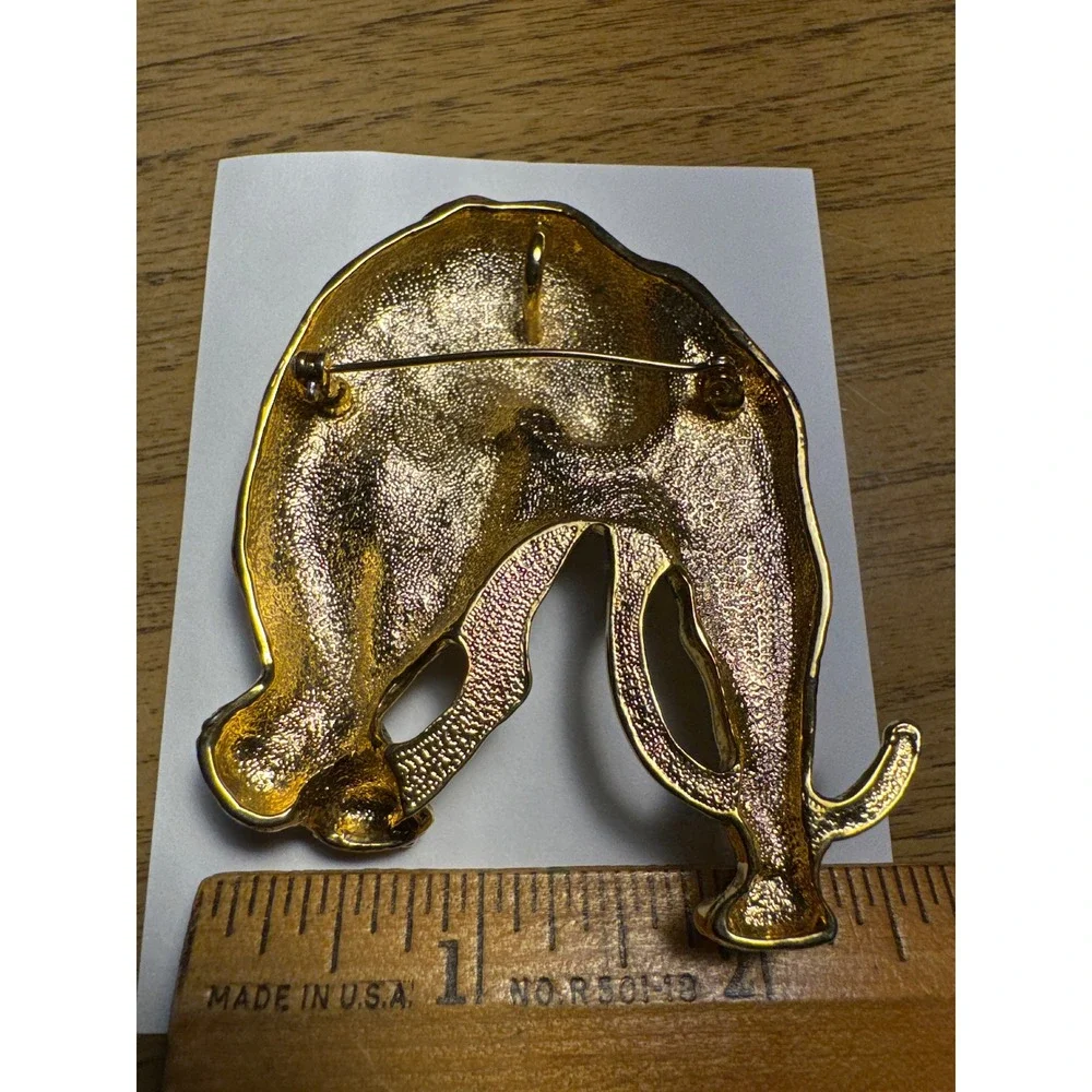Vintage Gold Tone Leopard Panther Brooch Pendant Rhinestone Collar Big Cat 1016